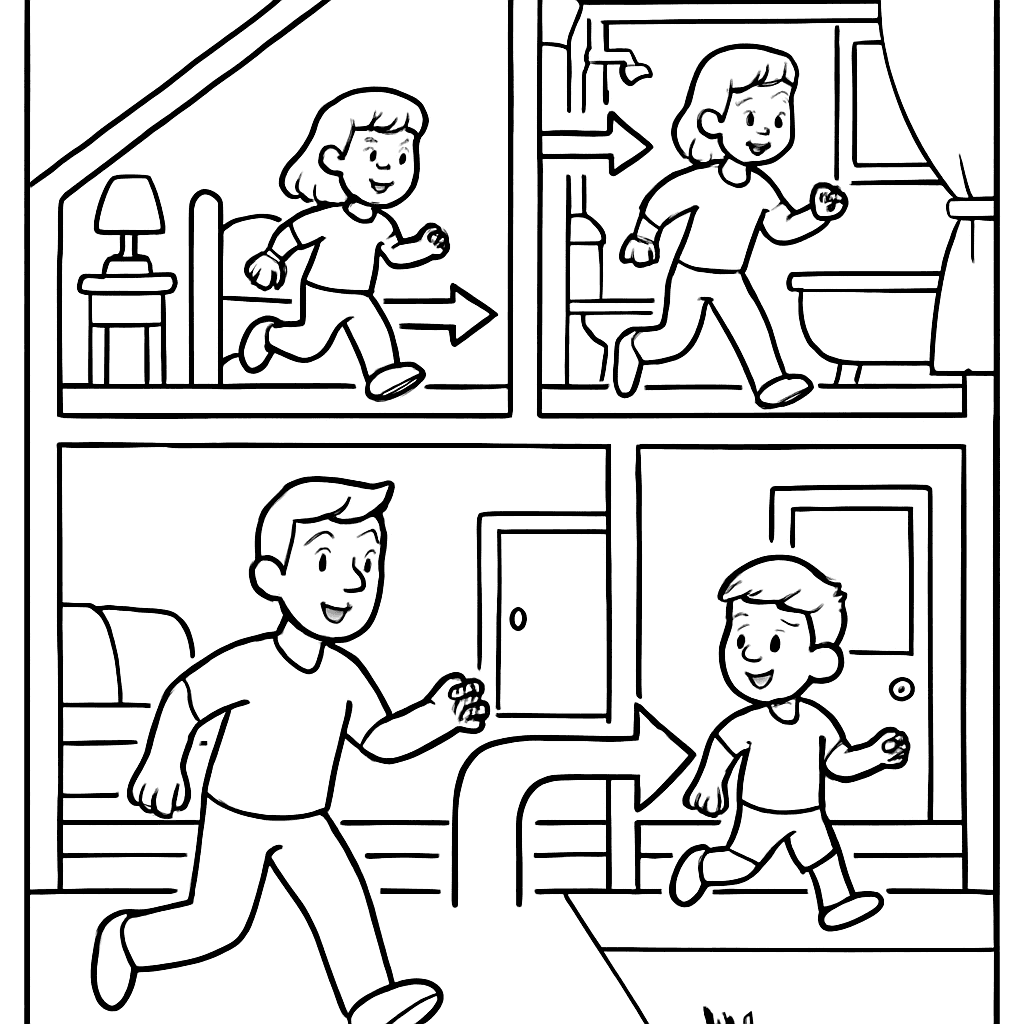 A Family Practicing A Fire Escape Plan With Arrows Showing Exit Routes From Each Room In A House
