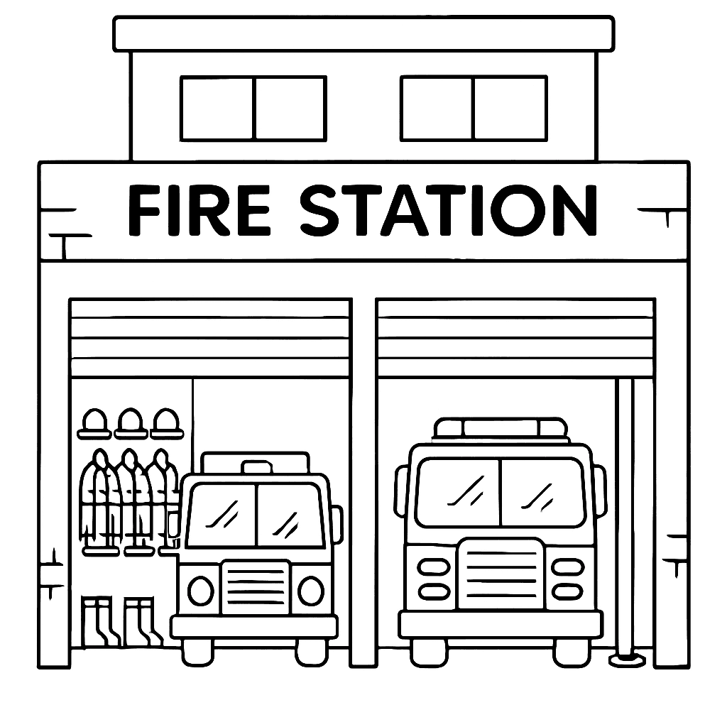 A Fire Station With The Garage Doors Open Showing Fire Trucks, Gear Hanging On Hooks, And The Fire Pole