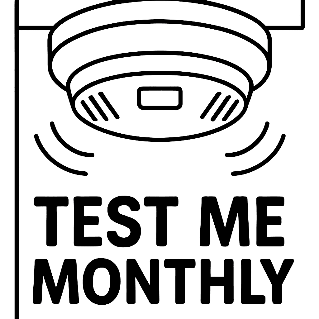 A Smoke Detector On A Ceiling With Sound Waves And The Words Test Me Monthly