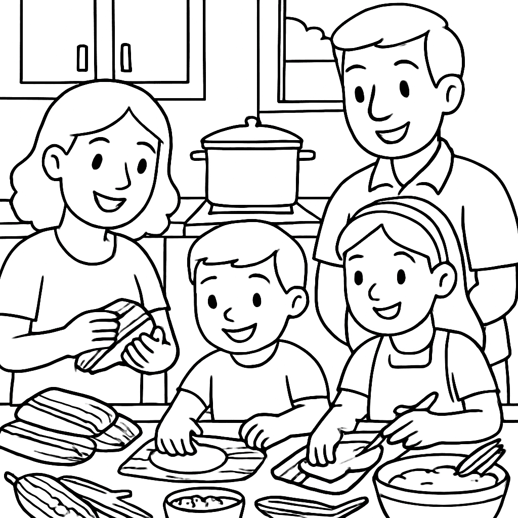 A Family Making Tamales Together In A Kitchen With Corn Husks, Masa, And Fillings On The Table