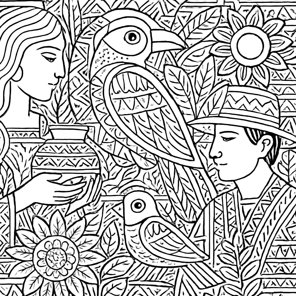 A Mural-style Scene Celebrating Latin American Art With Bold Geometric Patterns And Nature Motifs