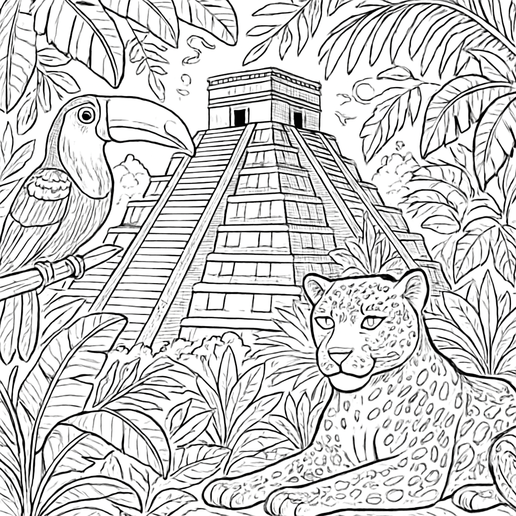 An Ancient Mayan Pyramid Surrounded By Jungle With A Toucan And Jaguar
