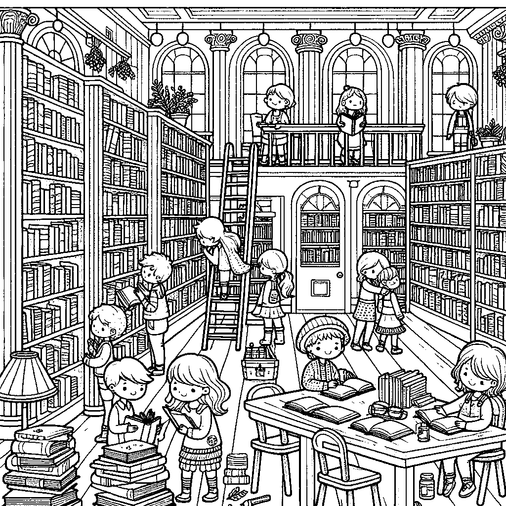 A Library Scene With Tall Bookshelves, A Reading Nook, And Children Choosing Books