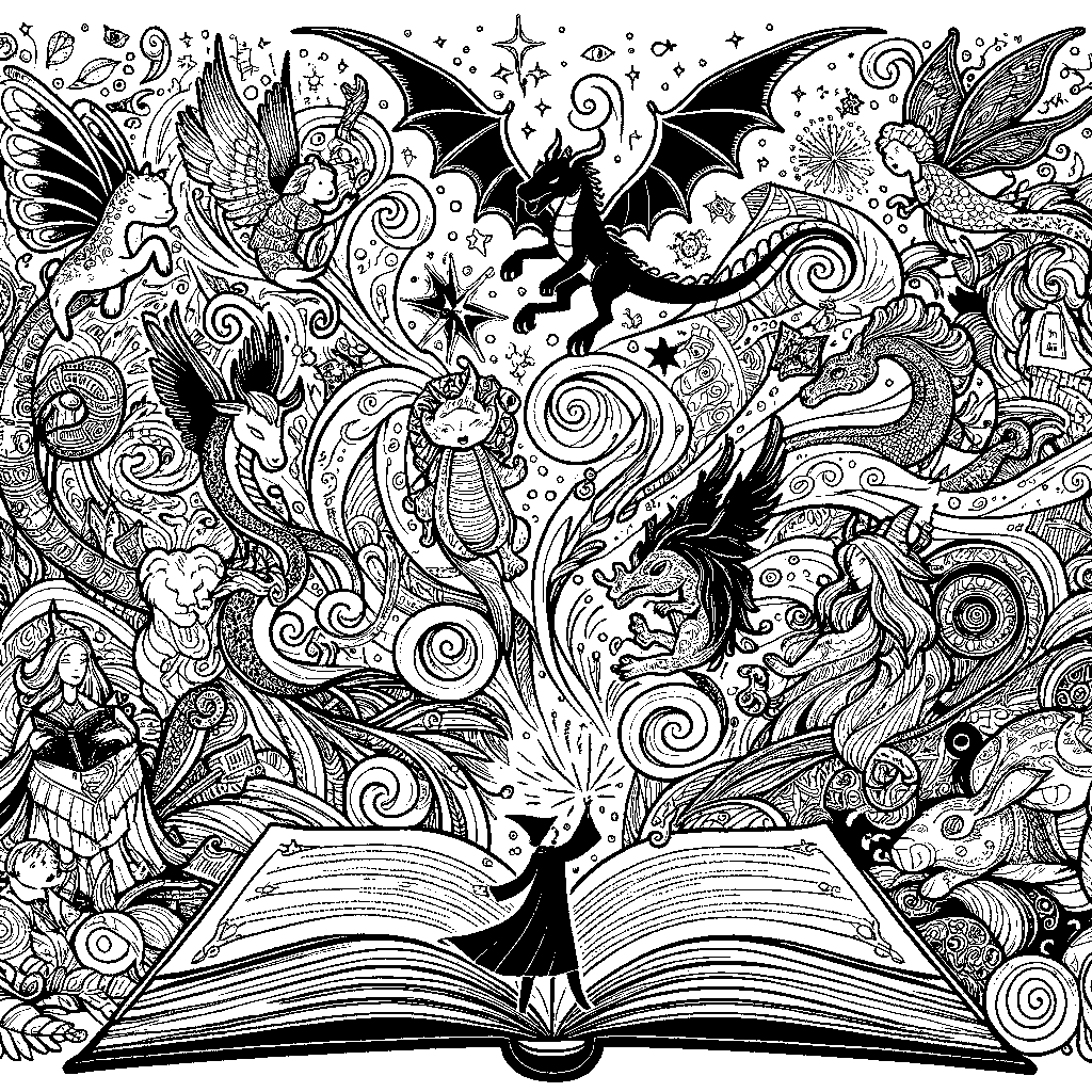 A Magical Open Book With Characters And Creatures Jumping Out Of The Pages