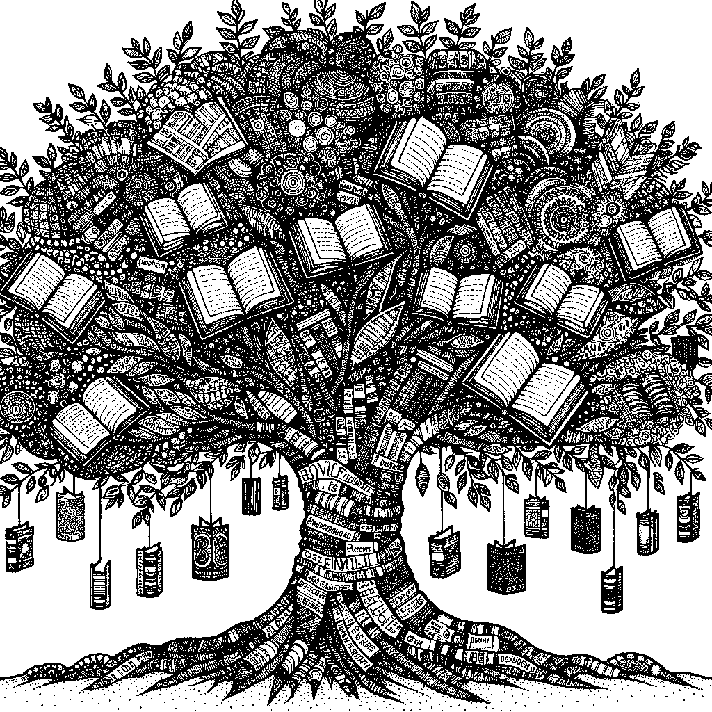 A Tree Made Entirely Of Open Books With Letters And Words Falling Like Leaves