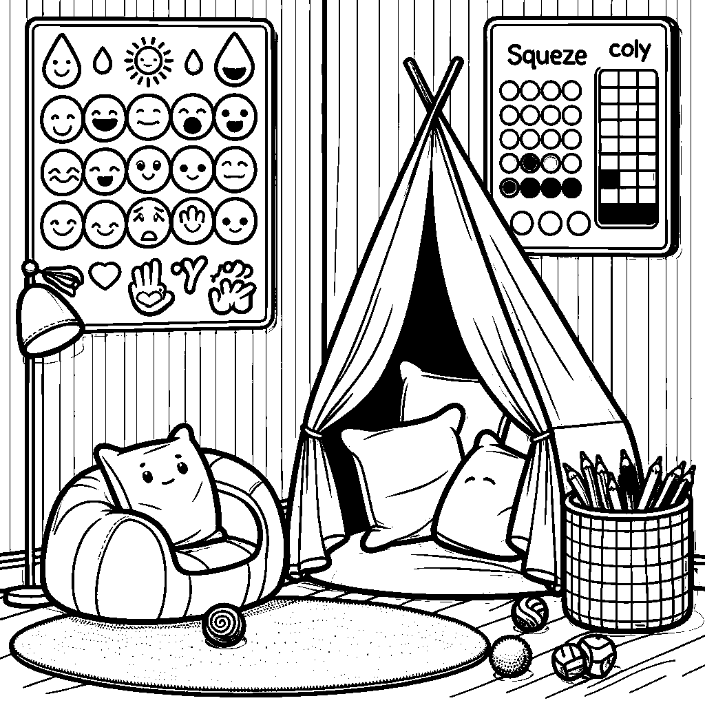 A Calm-down Corner Scene With Soft Pillows, A Feelings Chart, Squeeze Balls, And A Cozy Tent
