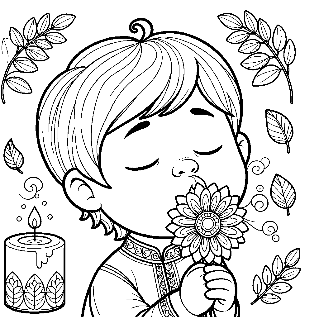 A Child Taking Deep Breaths With Visual Cues: Smell The Flower, Blow Out The Candle