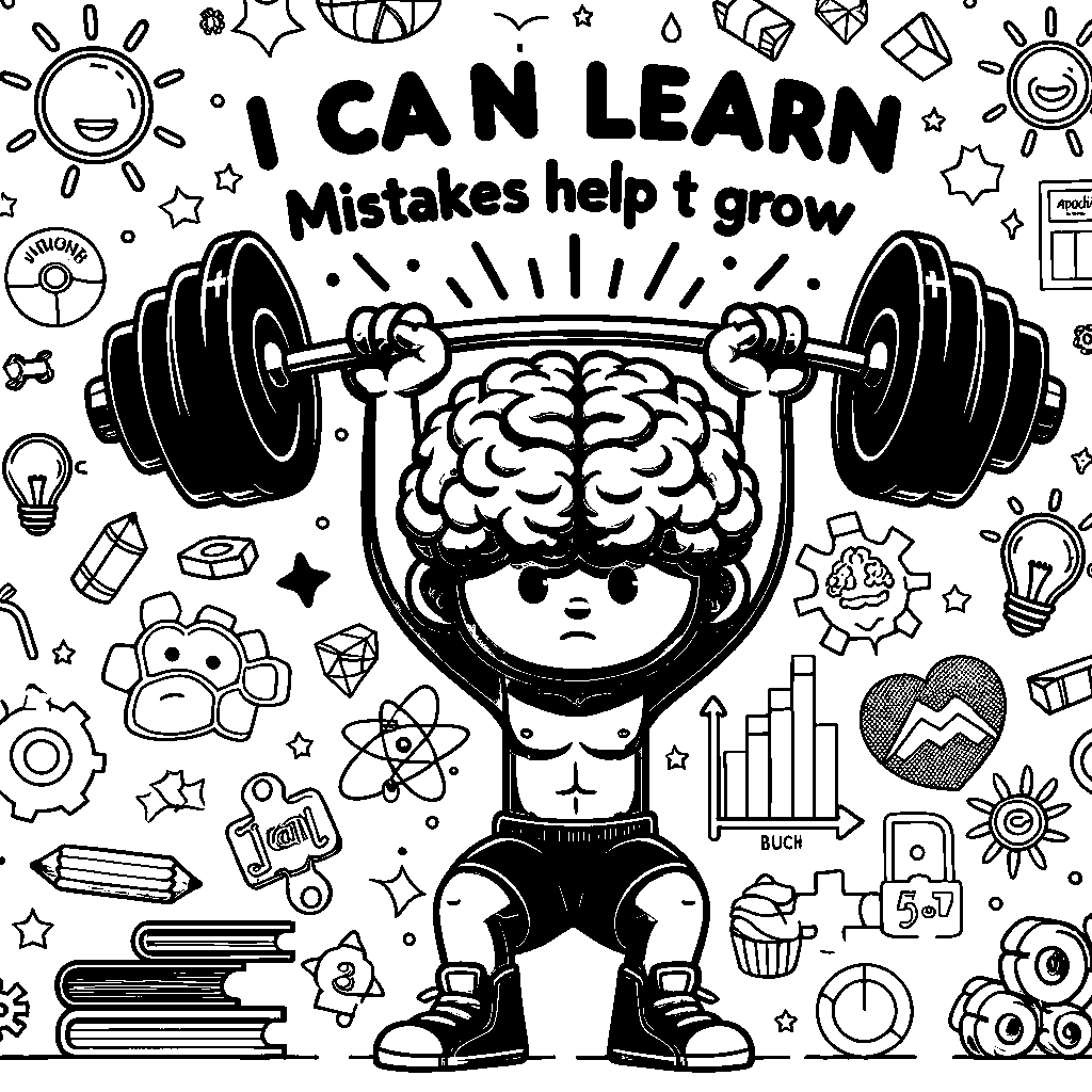 A Growth Mindset Poster Showing A Brain Lifting Weights With Phrases: I Can Learn, Mistakes Help Me Grow