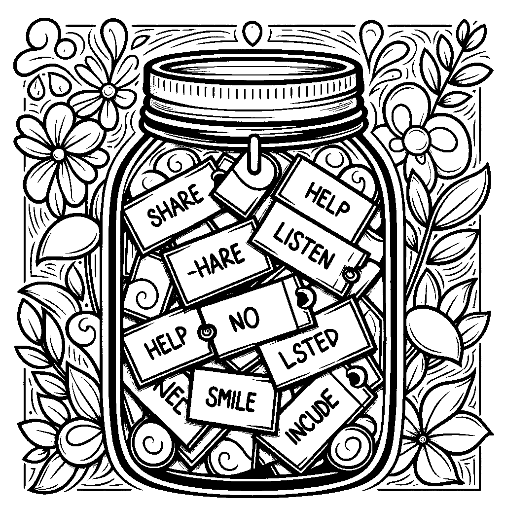 A Kindness Jar With Slips Of Paper Showing Kind Acts: Share, Help, Listen, Smile, Include