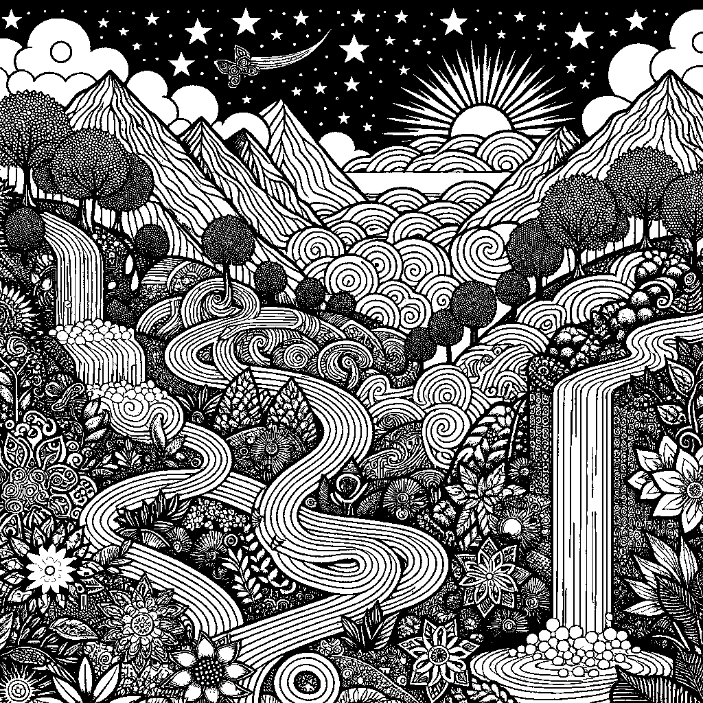 A Mindfulness Maze Where The Path Goes Through Peaceful Scenes: Garden, Waterfall, Starry Sky, Sunrise