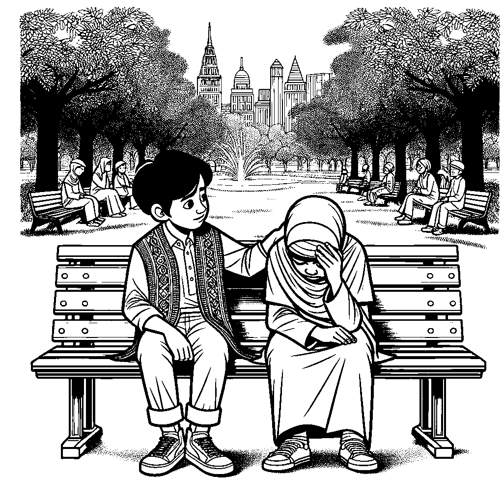 A Scene Showing Empathy: A Child Comforting A Crying Friend On A Park Bench With A Hand On Their Shoulder