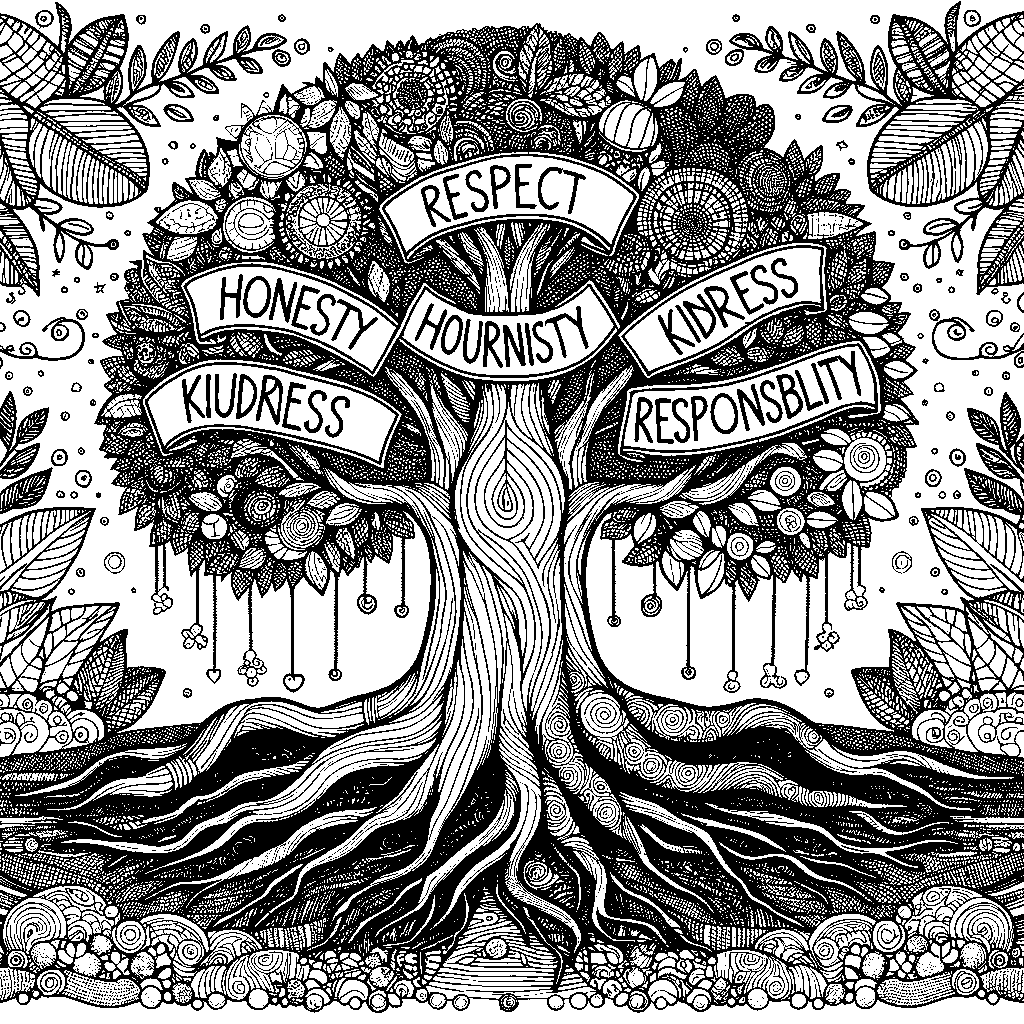 A Tree With Roots Labeled With Values: Respect, Honesty, Courage, Kindness, And Responsibility