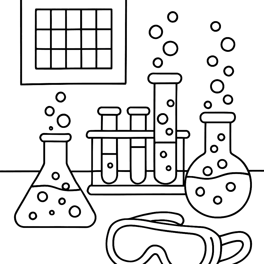 A Chemistry Experiment With Beakers, Test Tubes Bubbling, A Periodic Table Poster, And Safety Goggles