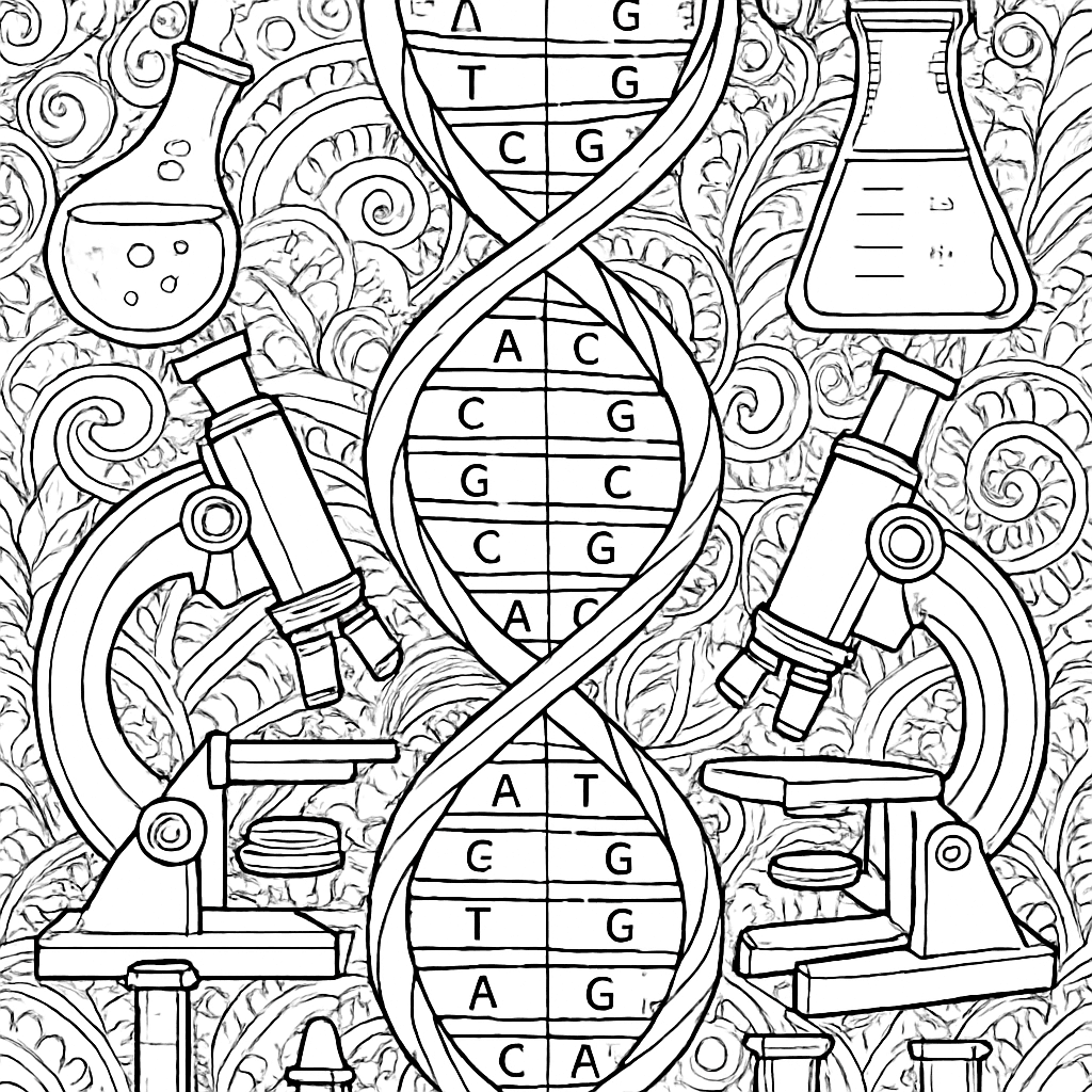 A DNA Double Helix With Labeled Base Pairs Surrounded By Microscopes And Lab Equipment