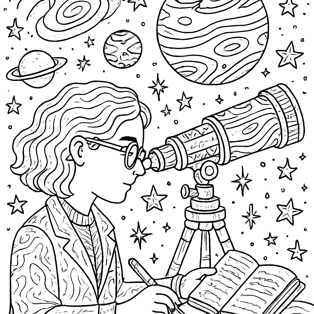A Female Scientist Looking Through A Telescope At Stars And Planets With Notes In A Journal