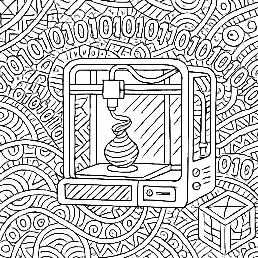 A Math And Technology Scene Showing Binary Code, Geometric Patterns, And A 3D Printer Creating An Object
