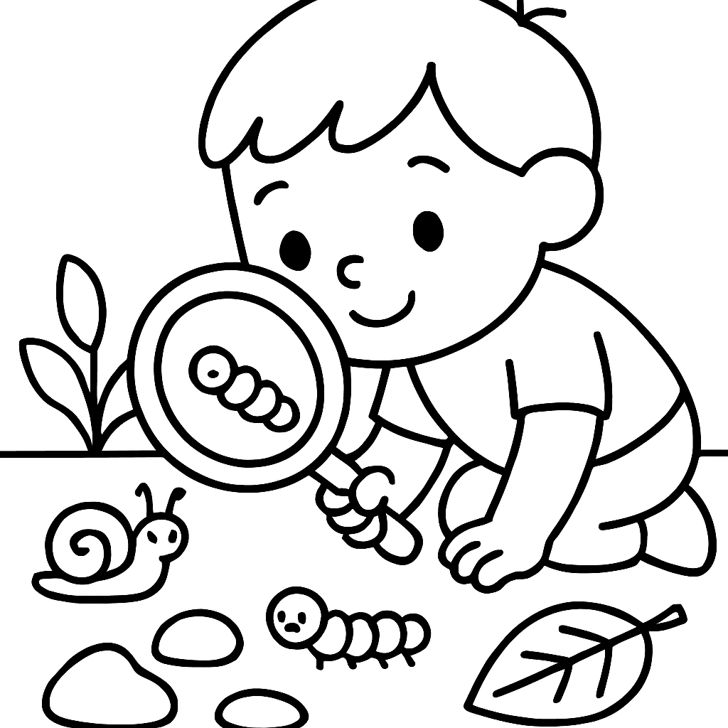 A Nature Science Scene With A Child Using A Magnifying Glass To Examine Insects, Leaves, And Rocks