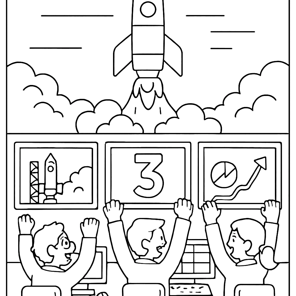 A Rocket Launch Scene With Mission Control Screens, Countdown Numbers, And Cheering Scientists