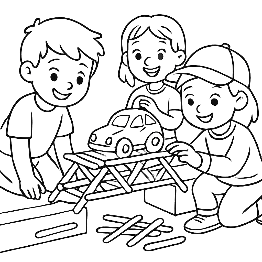 An Engineering Challenge: Children Building A Bridge Out Of Popsicle Sticks That Holds A Toy Car
