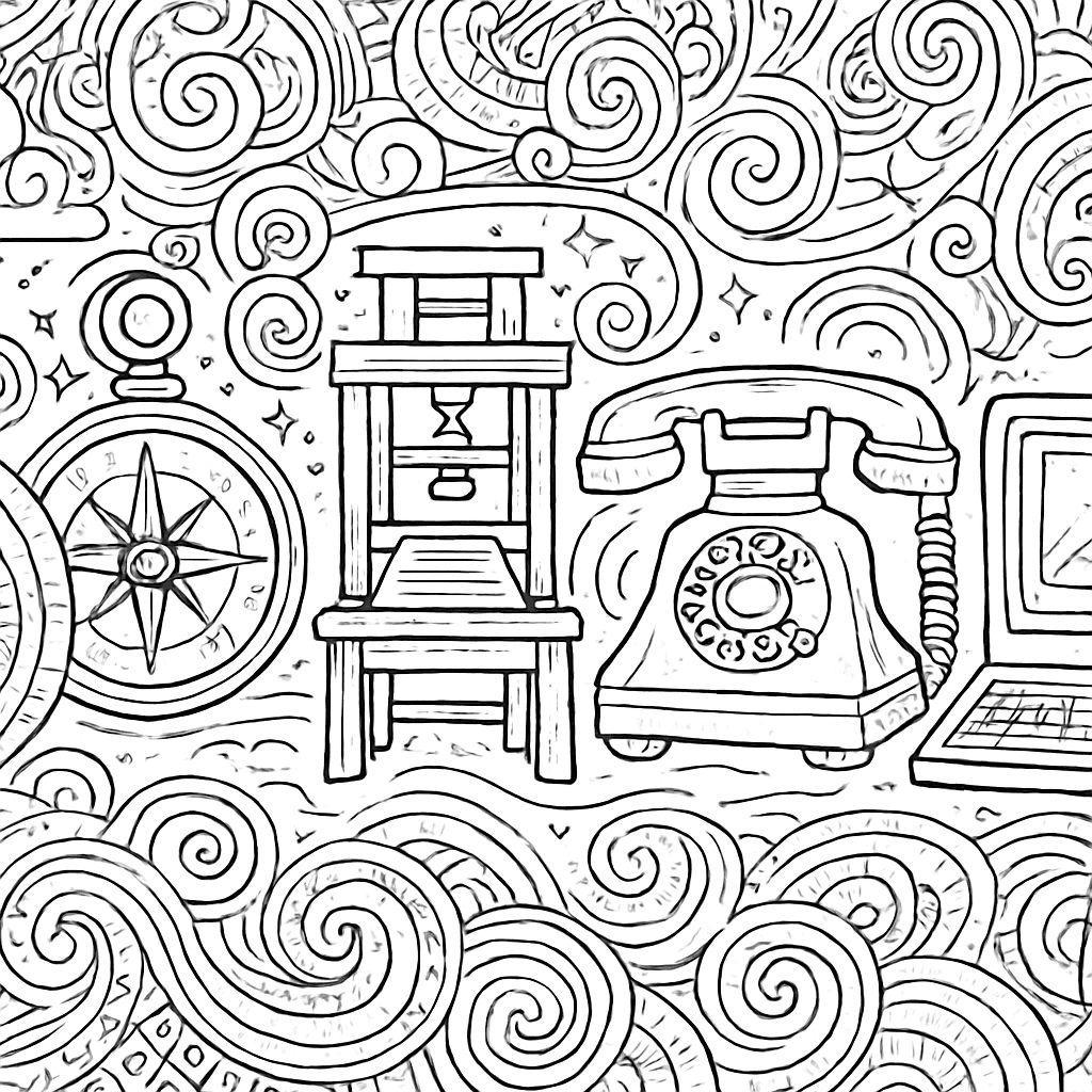 An Invention Timeline Showing Wheel, Compass, Printing Press, Telephone, Computer, And Smartphone