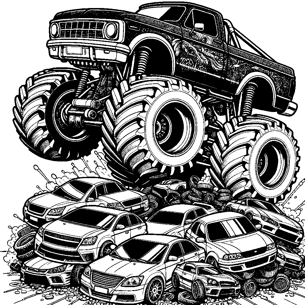 A Monster Truck Jumping Over Cars