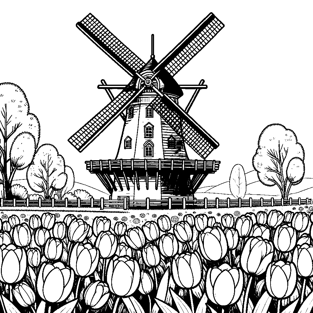 A Windmill In A Dutch Tulip Field